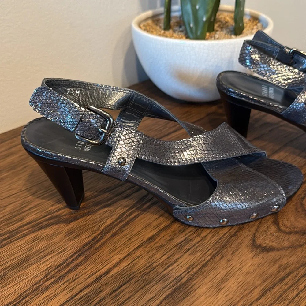 Stuart Weitzman‎ Metallic Pewter Strappy Studded Party Statement Heels Size  7.5